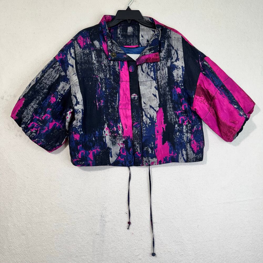 Rachel Roy Colorful Abstract Brushstroke Art Cropped Puffed Boxy Jacket Medium